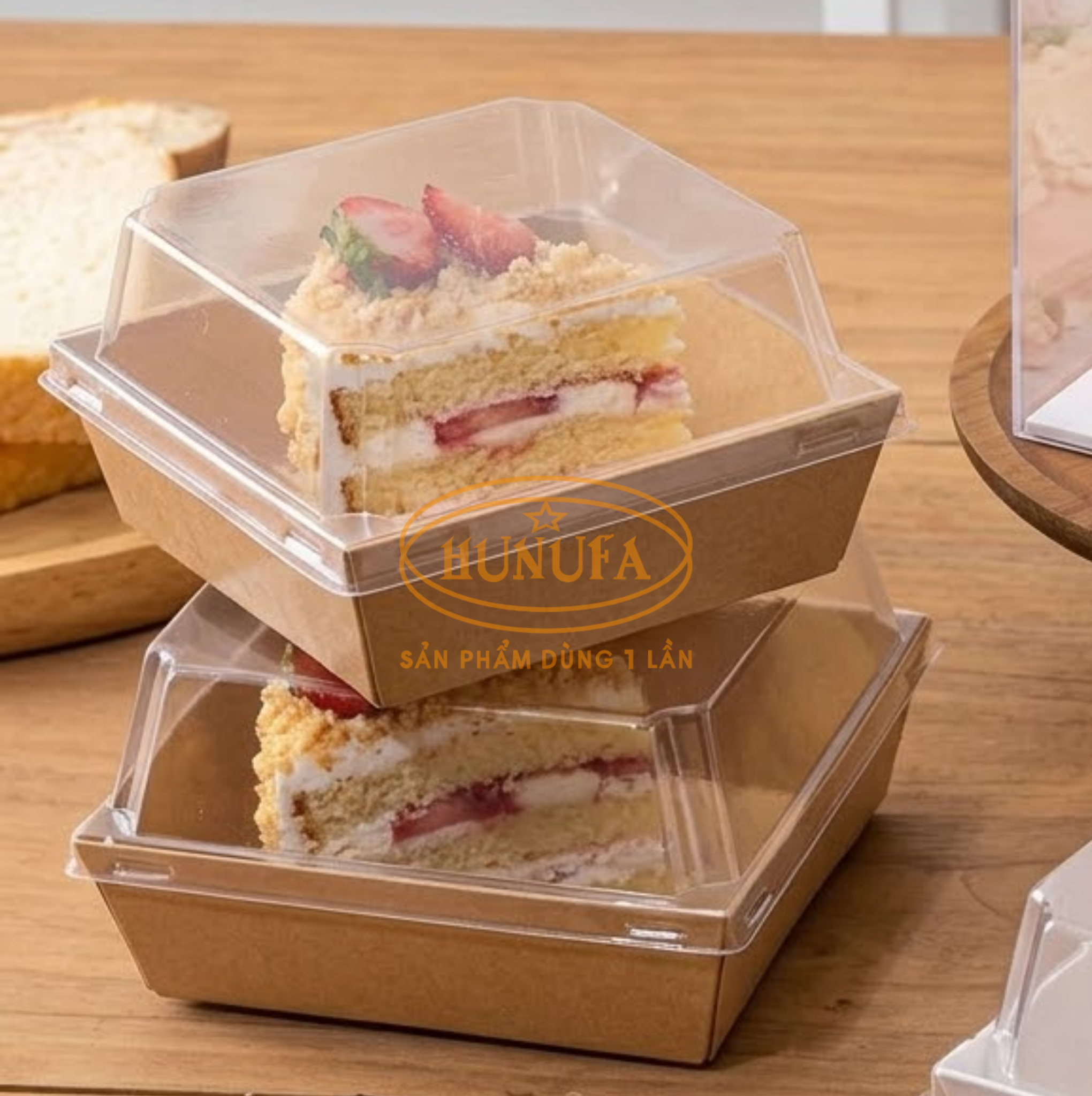 Hộp giấy kraft kèm nắp PET đựng bánh kem mini màu nâu