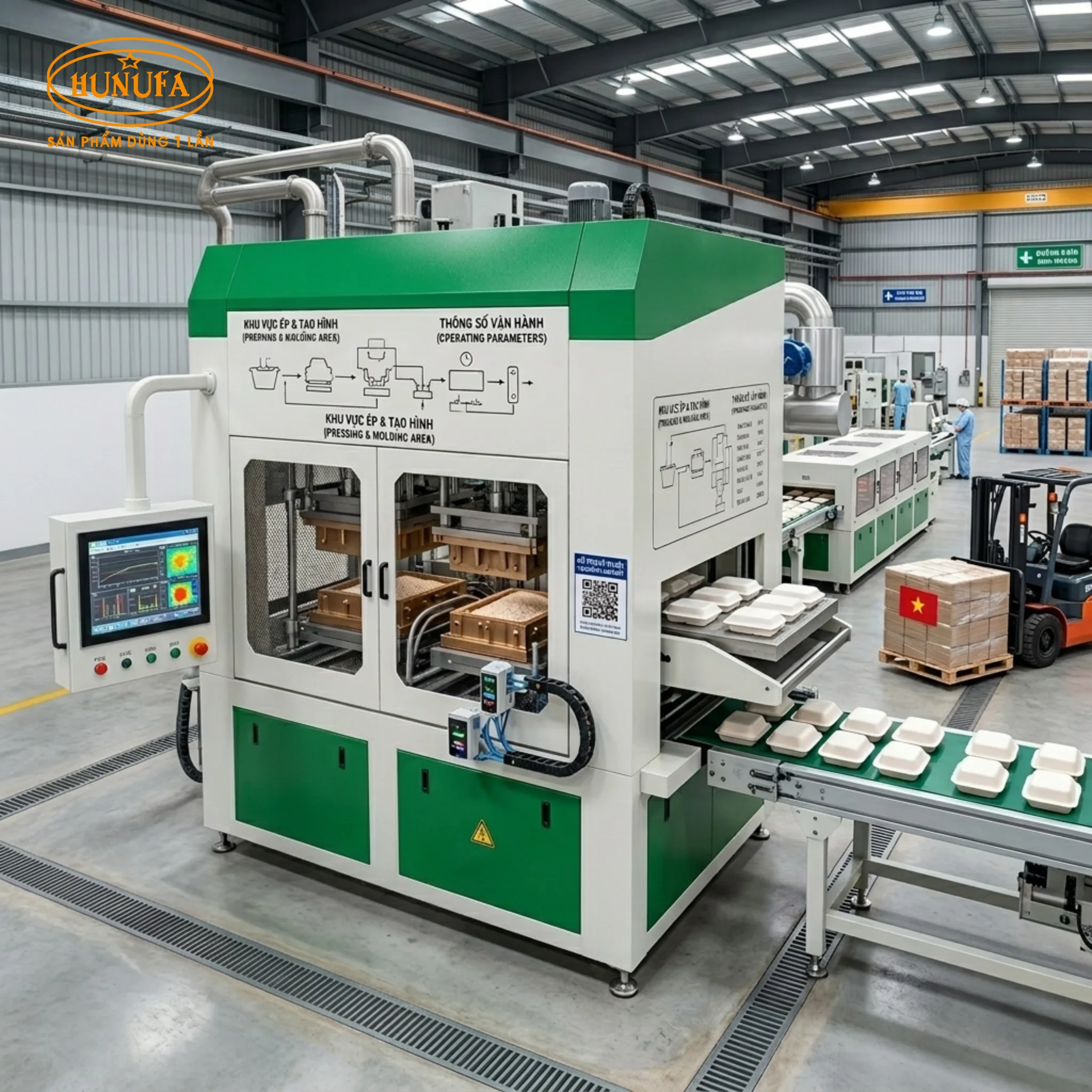 Dây chuyền sản xuất hộp bã mía thân thiện với môi trường từ nhà Hunufa