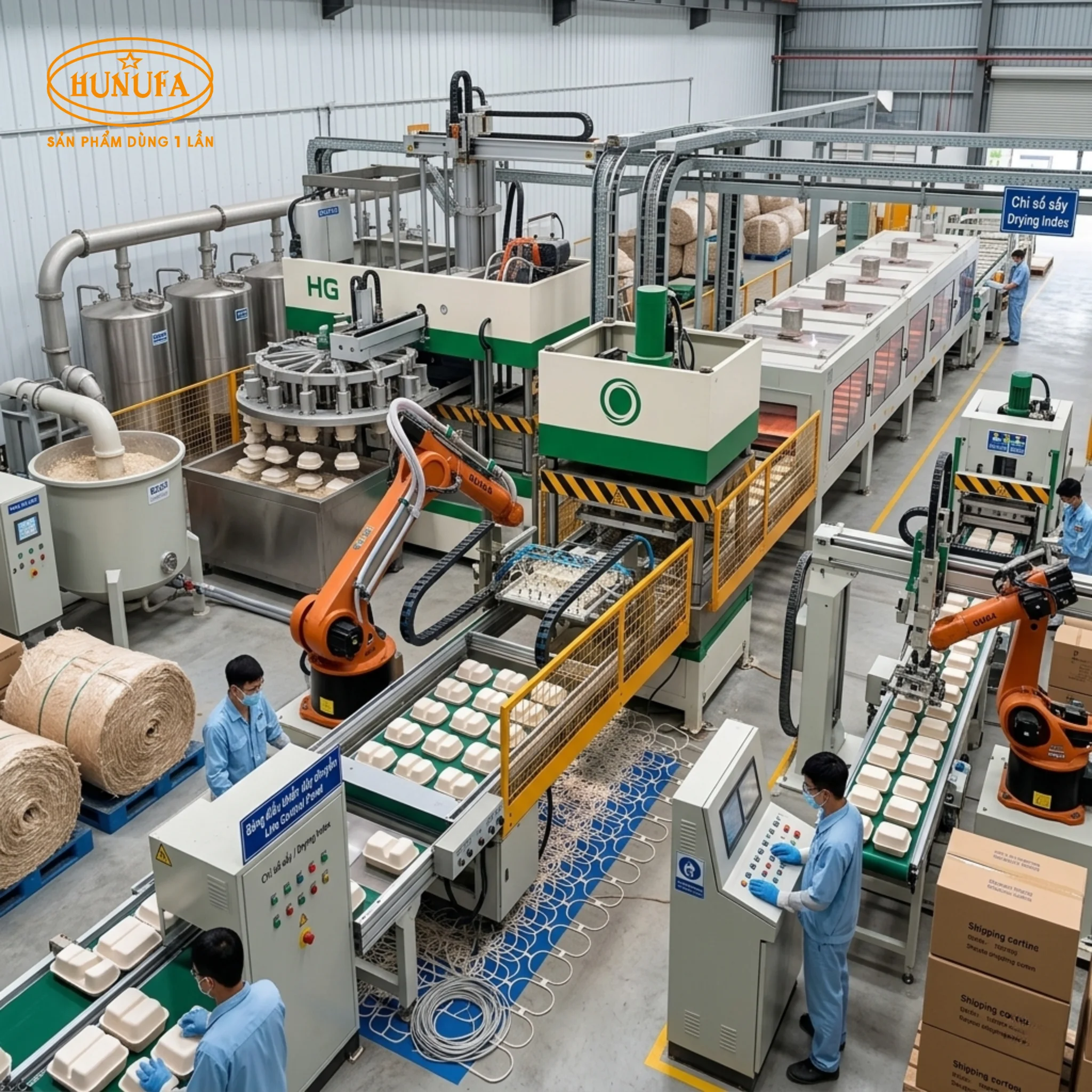 Dây chuyền sản xuất hộp bã mía thân thiện với môi trường từ nhà Hunufa