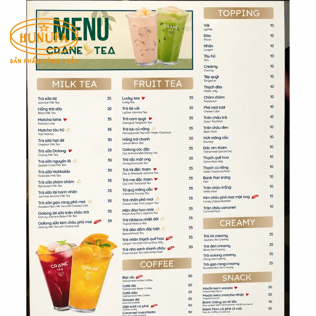 Khám phá menu trà sữa Crane Tea - Đa dạng đồ uống và mức giá chi tiết