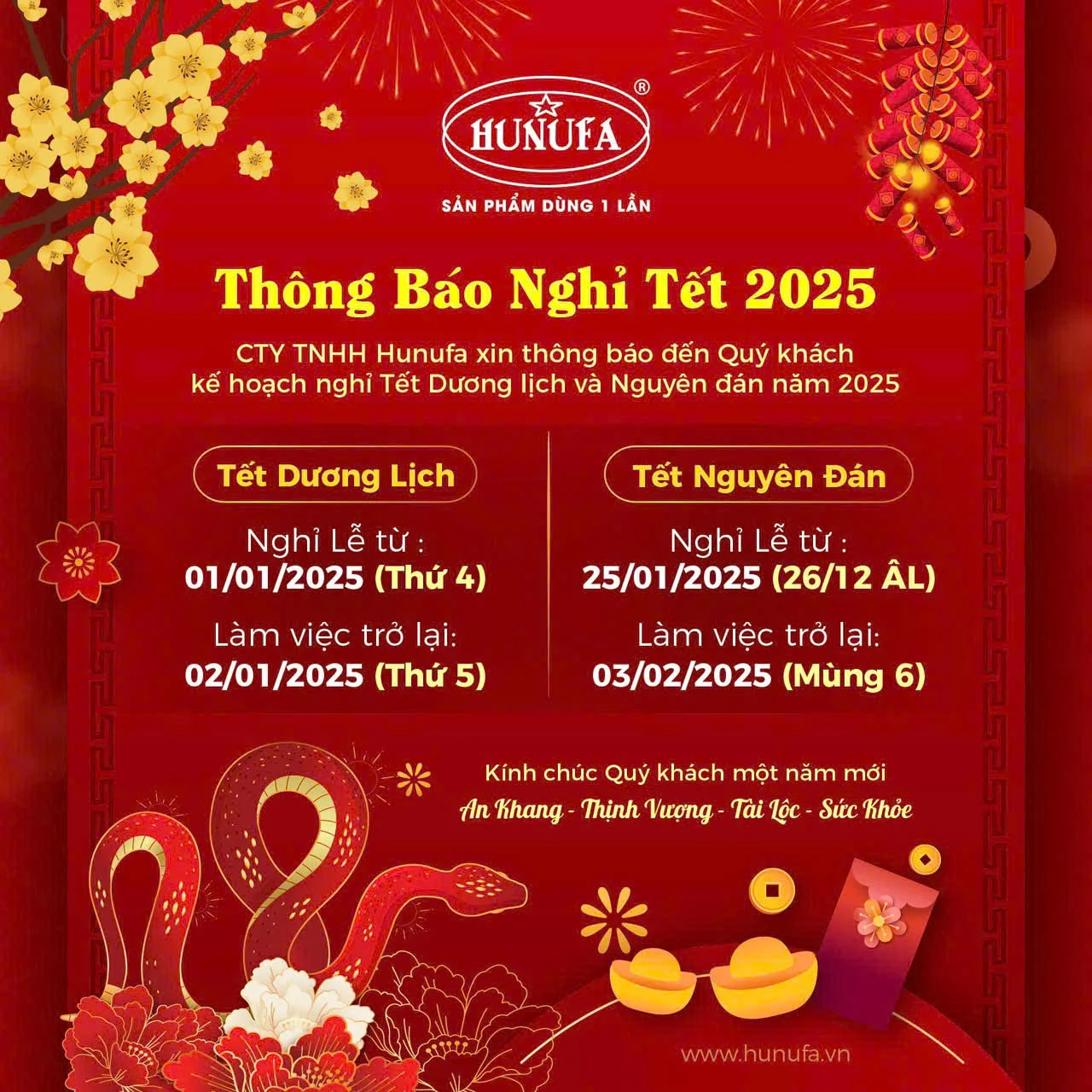 Hunufa thông báo Lịch nghỉ Tết Nguyên đán năm Ất Tỵ 2025
