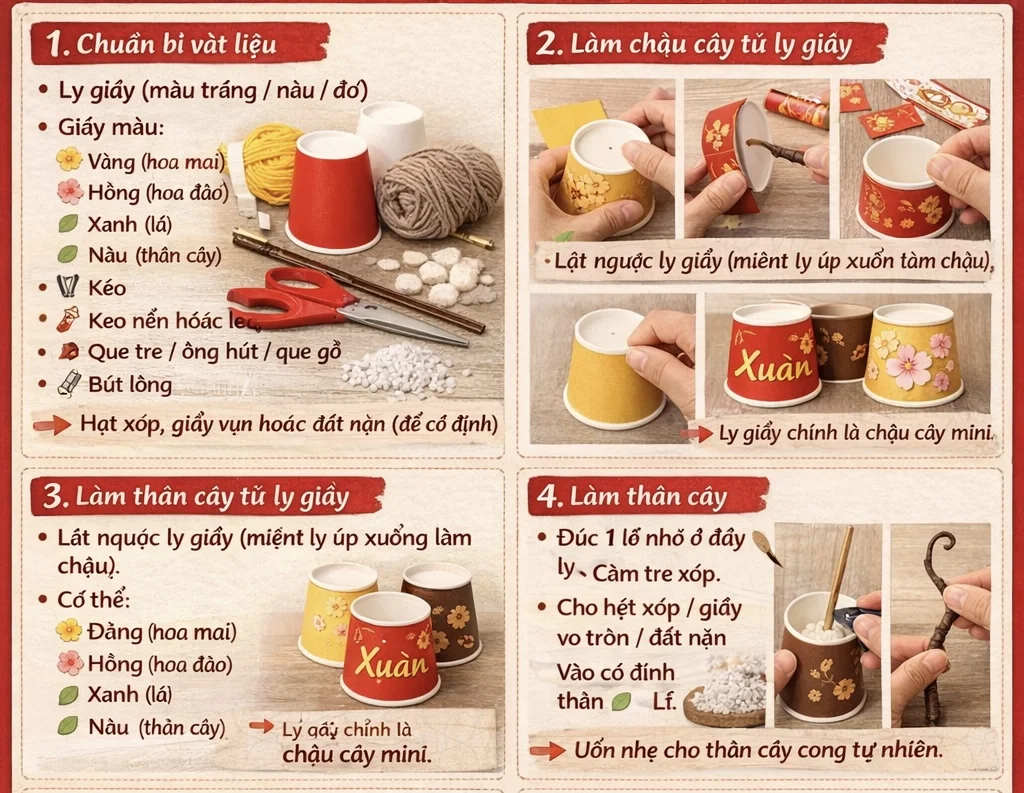 Ý tưởng làm dồ trang trí tết 2026 bằng cốc giấy 