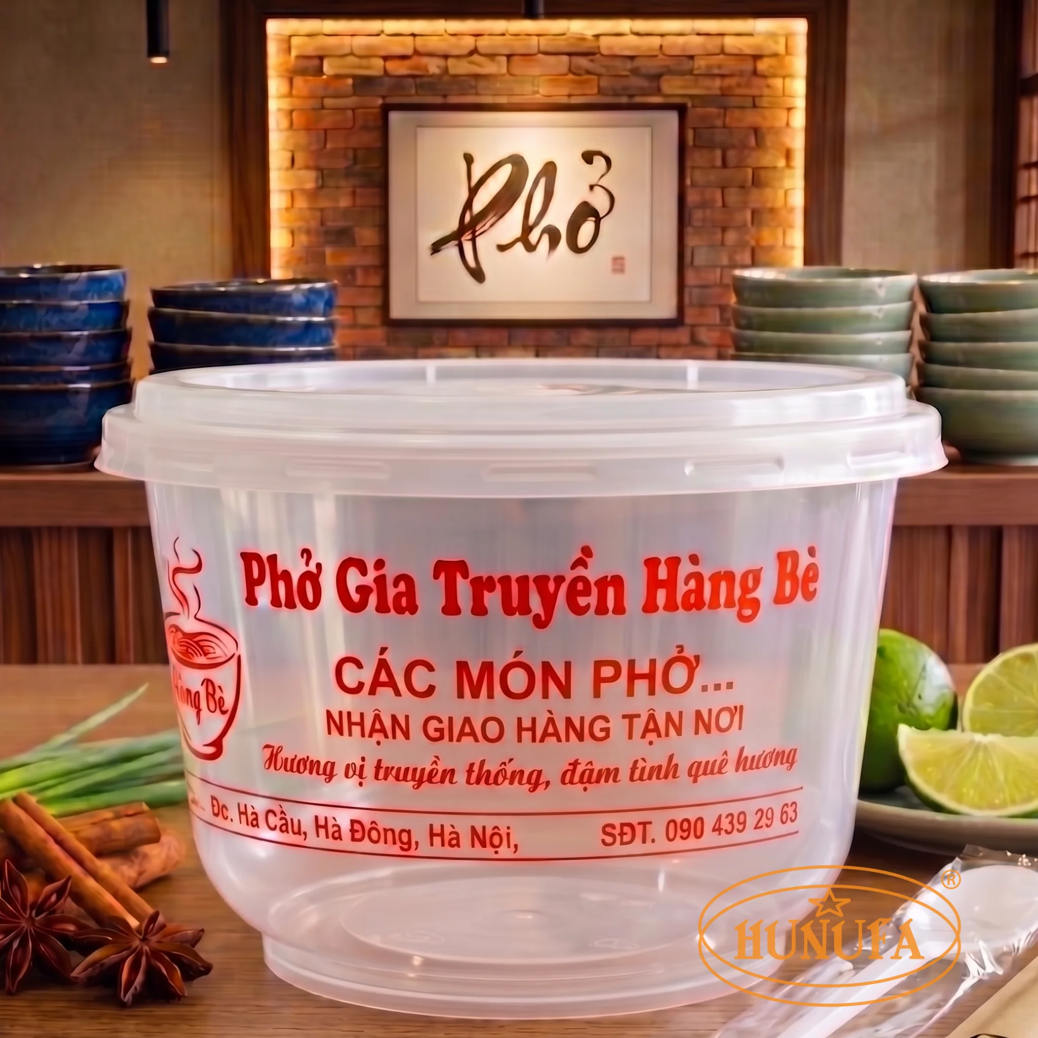 Mẫu bát nhựa đựng phở dùng 1 lần in logo sắc nét chịu nhiệt tốt giúp quảng bá thương hiệu quán ăn