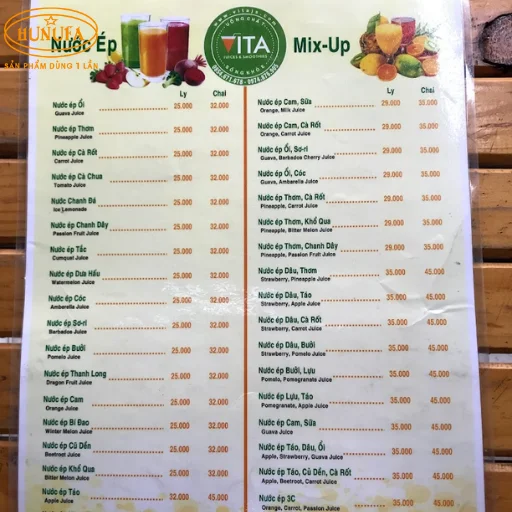 mẫu menu nước ép trái cây