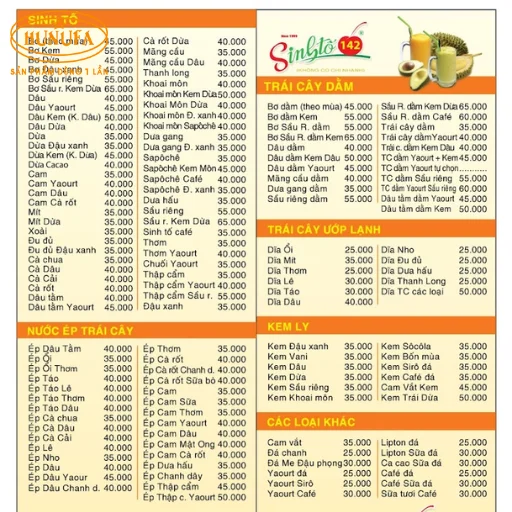 mẫu menu sinh tố