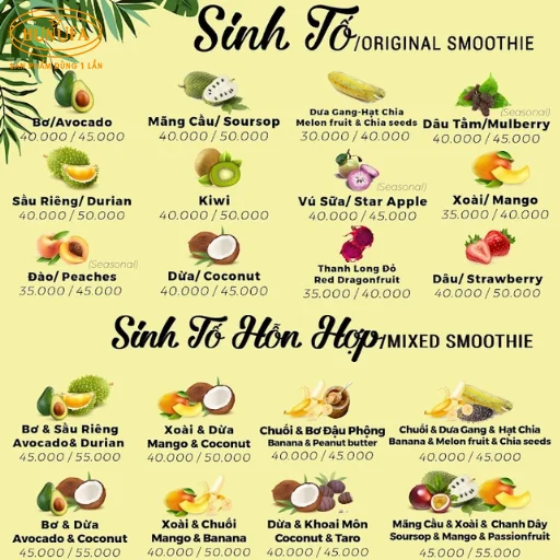 mẫu menu nước ép trái cây