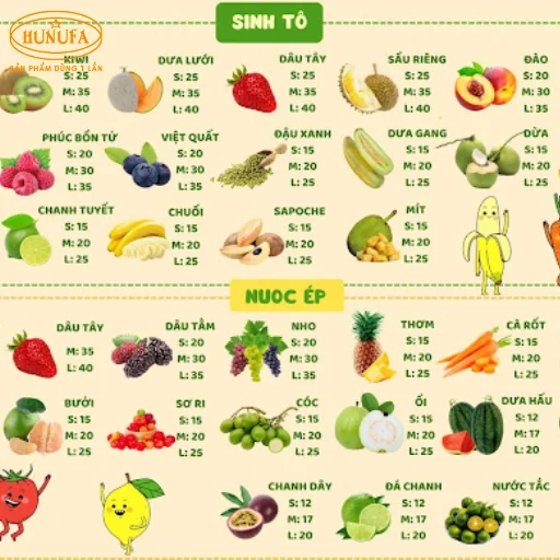 mẫu menu nước ép trái cây