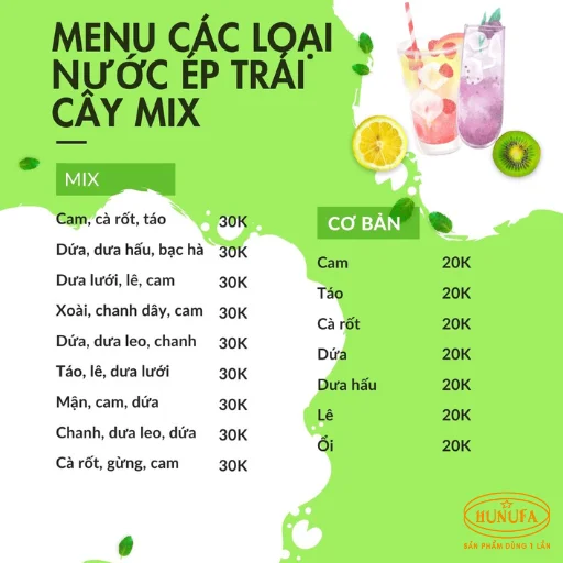 Menu các loại nước ép trái cây mix ngon, phù hợp kinh doanh