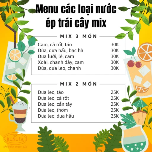 Menu các loại nước ép trái cây mix ngon, phù hợp kinh doanh