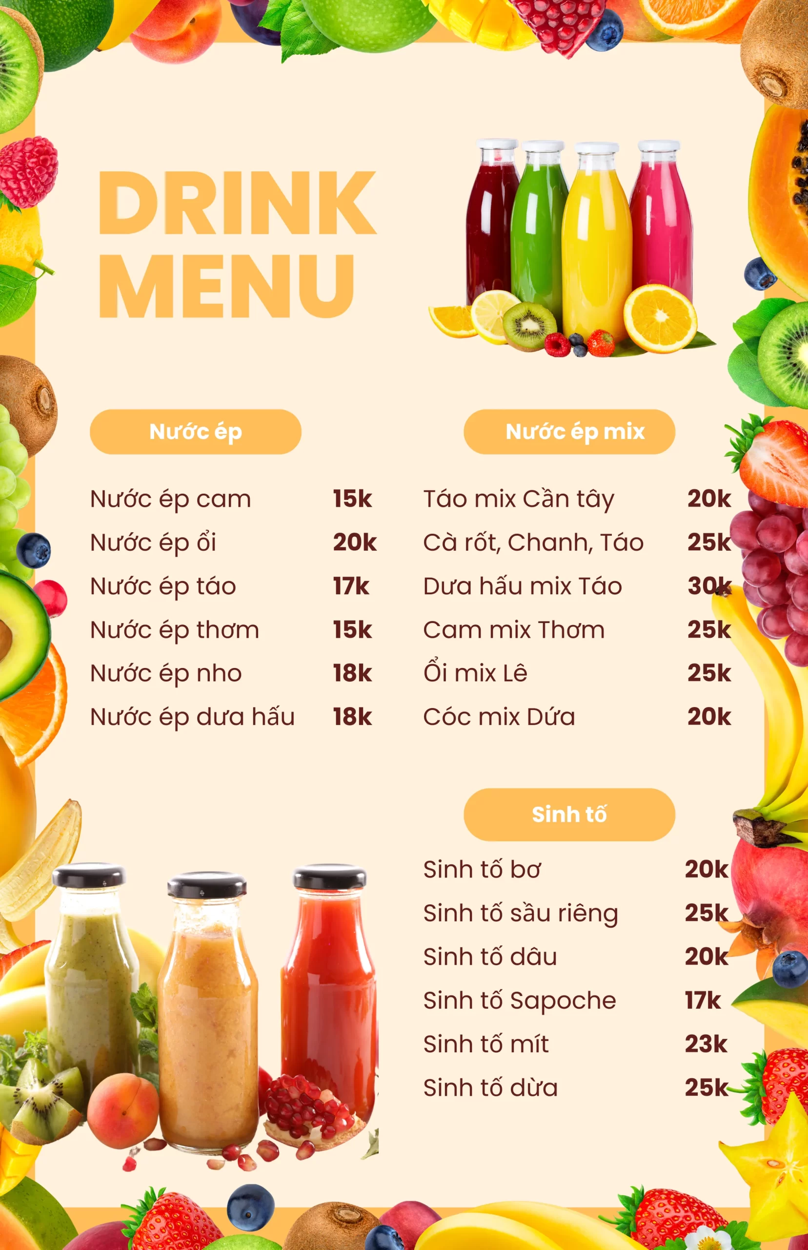 Menu các loại nước ép trái cây mix ngon, phù hợp kinh doanh