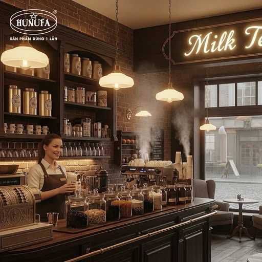 trang trí quán trà sữa nhỏ đơn giản