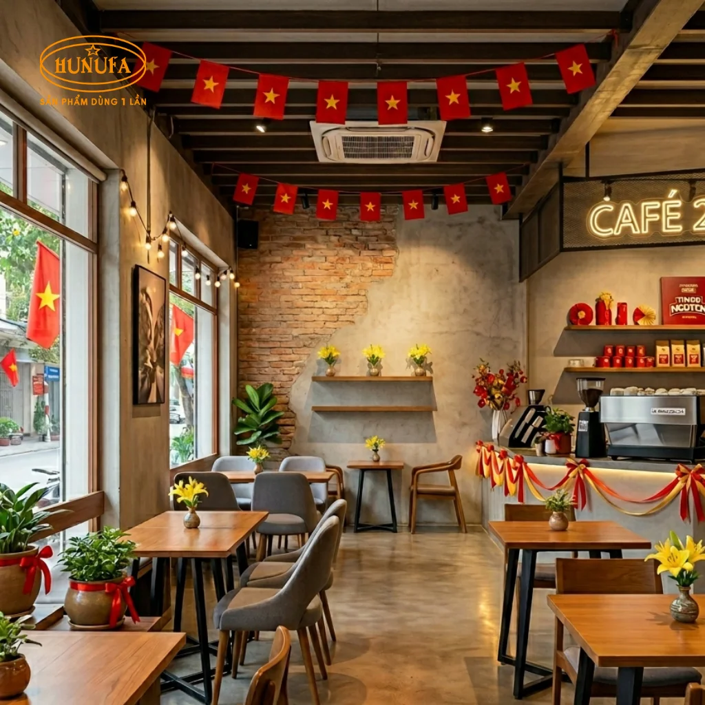 Trang trí quán trà sữa và cà phê dịp lễ Quốc khánh 2/9