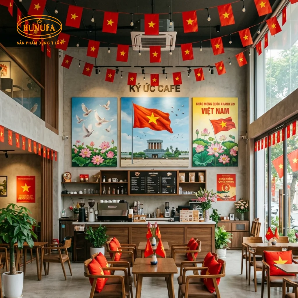 Trang trí quán trà sữa và cà phê dịp lễ Quốc khánh 2/9
