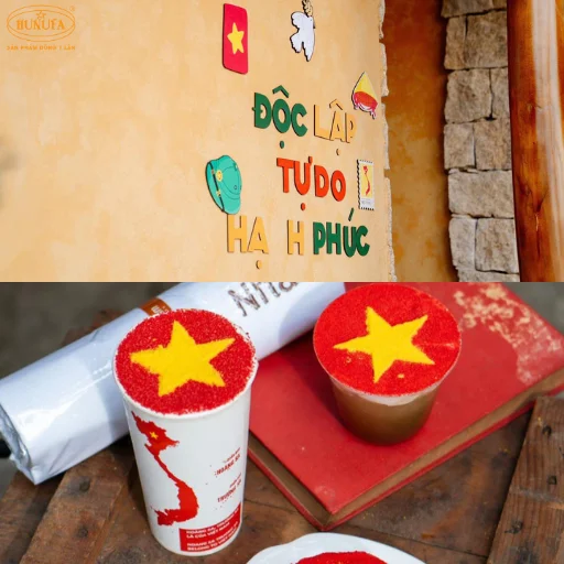 trang trí quán trà sữa, cà phê dịp quốc khánh 2/9