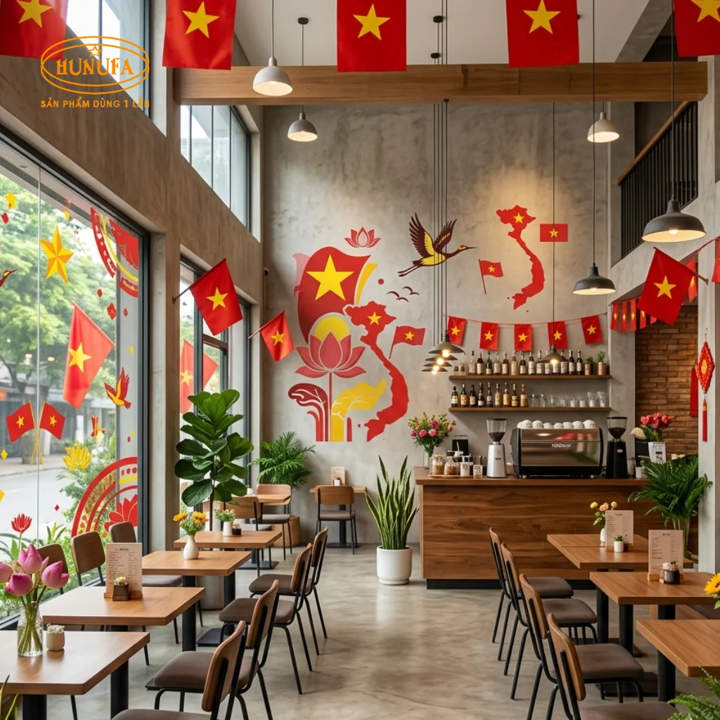 Trang trí quán trà sữa và cà phê dịp lễ Quốc khánh 2/9