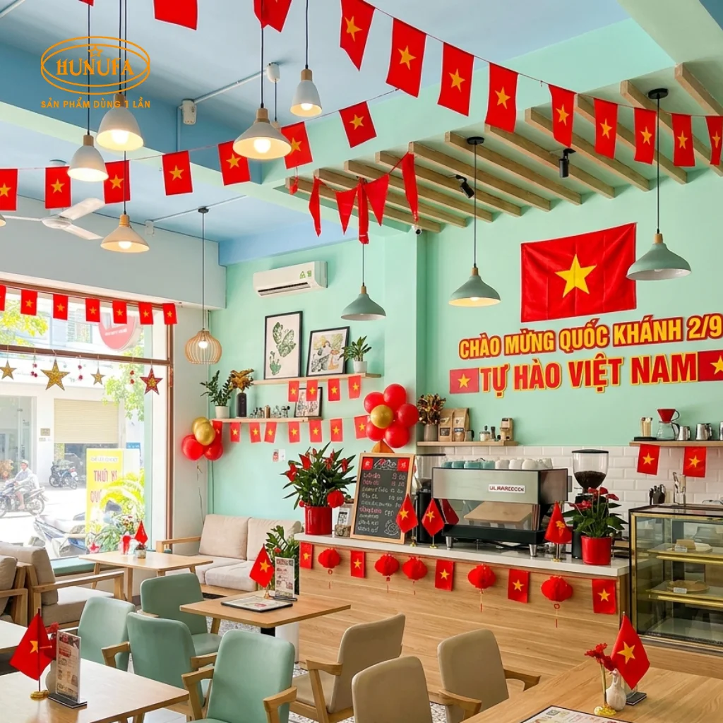 Trang trí quán trà sữa và cà phê dịp lễ Quốc khánh 2/9