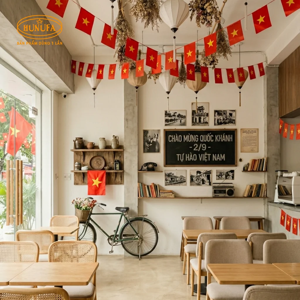 Trang trí quán trà sữa và cà phê dịp lễ Quốc khánh 2/9