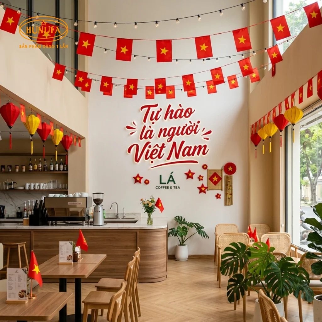 Trang trí quán trà sữa, cà phê dịp lễ Quốc khánh 2/9