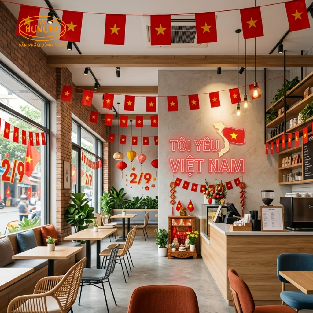 Trang trí quán trà sữa, cà phê dịp lễ Quốc khánh 2/9