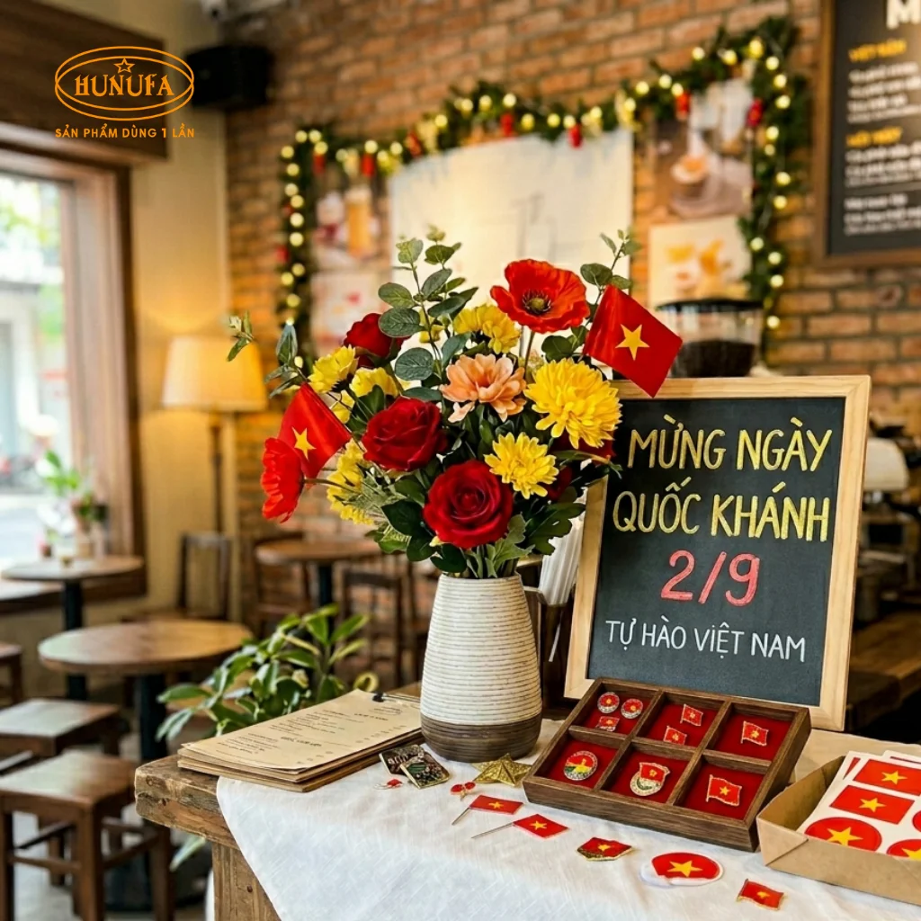 Trang trí quán trà sữa, cà phê dịp lễ Quốc khánh 2/9