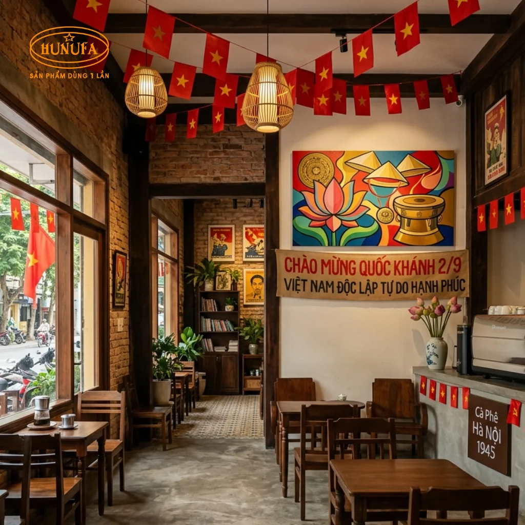 Trang trí quán trà sữa và cà phê dịp lễ Quốc khánh 2/9
