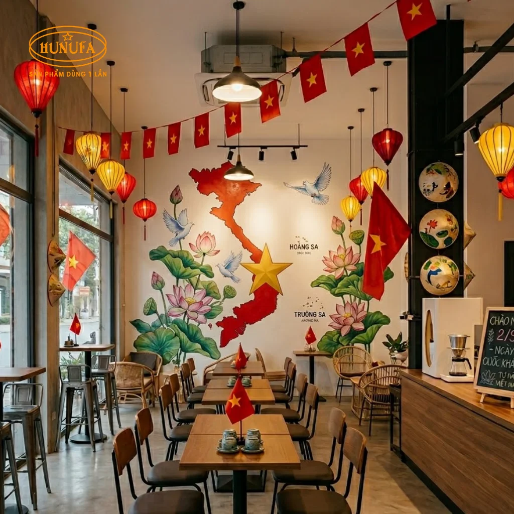 Trang trí quán trà sữa và cà phê dịp lễ Quốc khánh 2/9