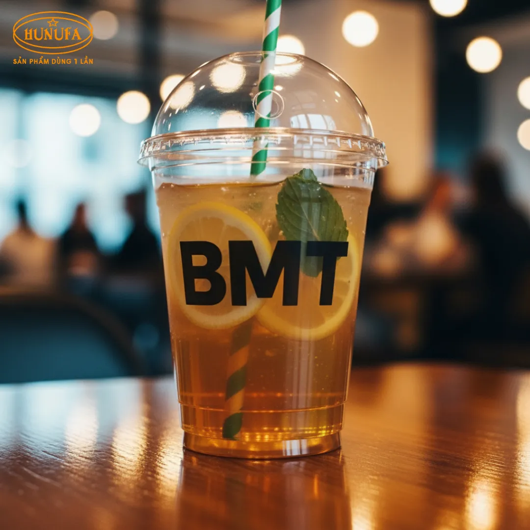 In logo ly nhựa BMT sắc nét, giúp quán cà phê và trà sữa quảng bá thương hiệu hiệu quả