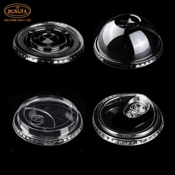 Các loại nắp ly trà sữa đa dạng, bao gồm nắp bằng, nắp chữ tim, nắp cầu, nắp kim cương, nắp mỏ vịt và nắp uống trực tiếp.
