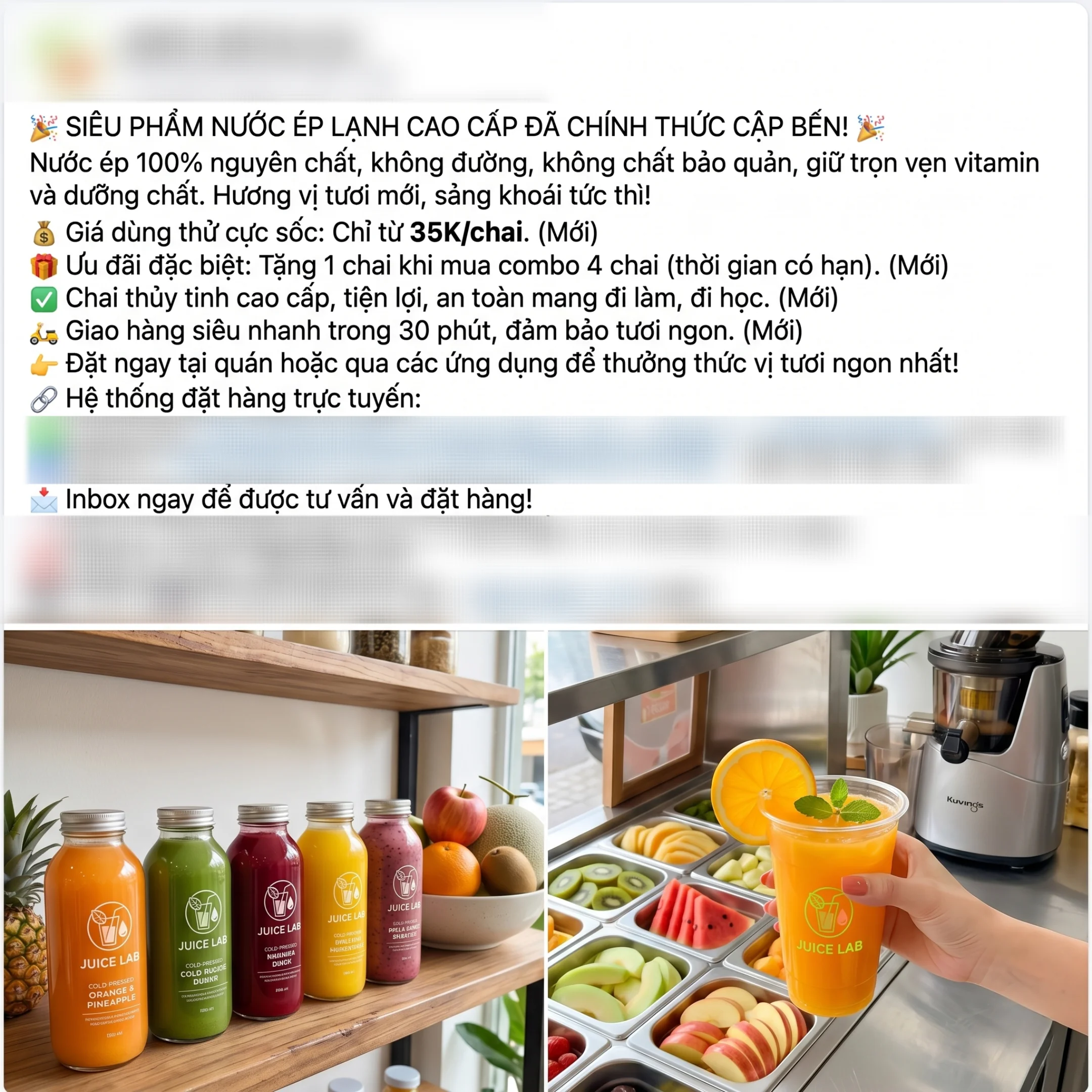 Mẫu quảng cáo nước ép trái cây lạnh (cold-pressed) Juice Lab với các chai thủy tinh nhiều màu và ưu đãi combo.