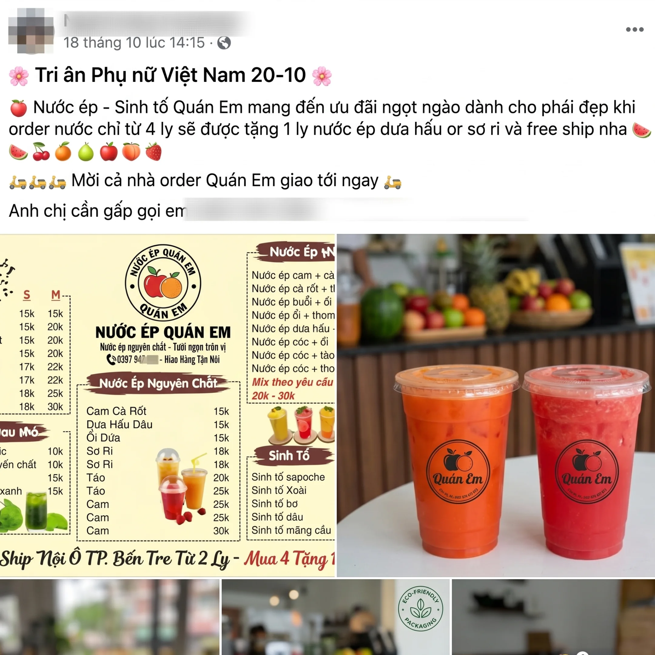 Mẫu bài viết quảng cáo nước ép trái cây khuyến mãi dịp 20-10 của Quán Em, kèm menu giá chi tiết.