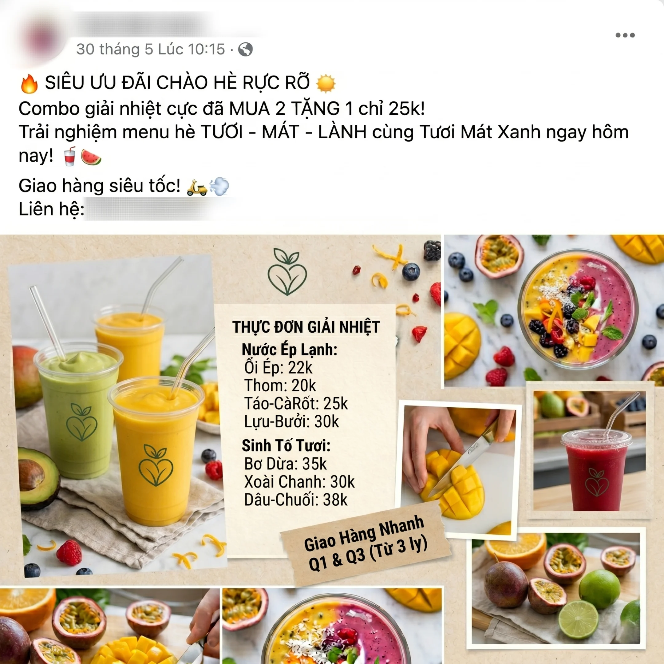 Mẫu quảng cáo nước ép và sinh tố giải nhiệt mùa hè của Tươi Mát Xanh với ưu đãi mua 2 tặng 1.