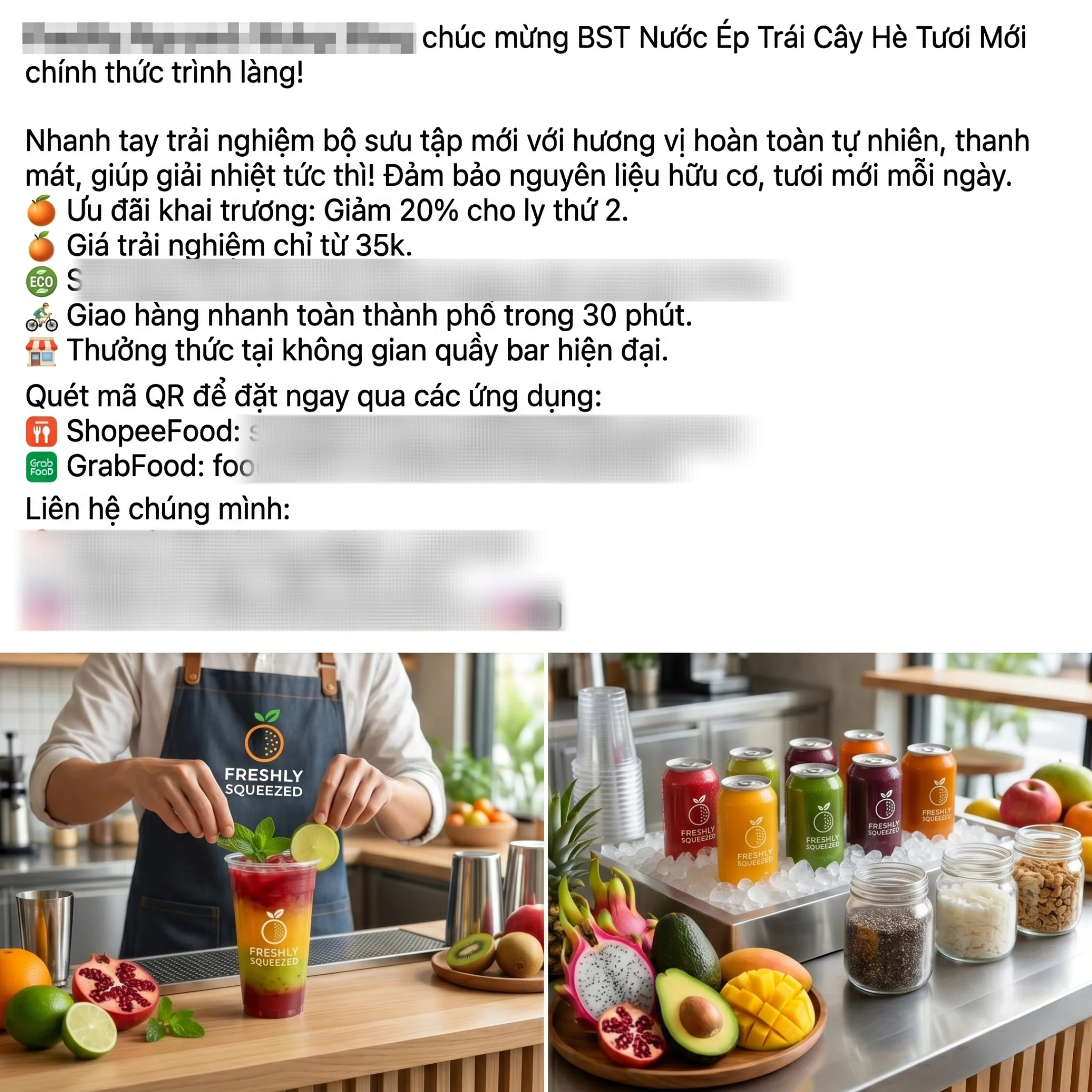Mẫu quảng cáo nước ép trái cây sử dụng dải icon rực rỡ và danh sách ưu đãi hấp dẫn.