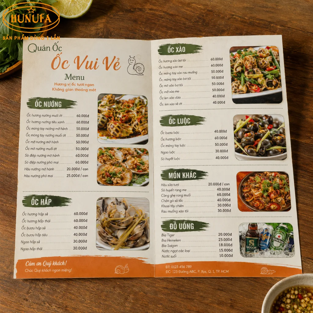 Mẫu thiết kế menu quán ốc chuyên nghiệp giúp tăng doanh thu cho quán