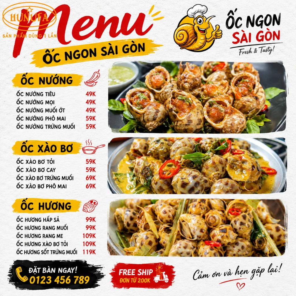 Mẫu thiết kế menu quán ốc chuyên nghiệp giúp tăng doanh thu cho quán