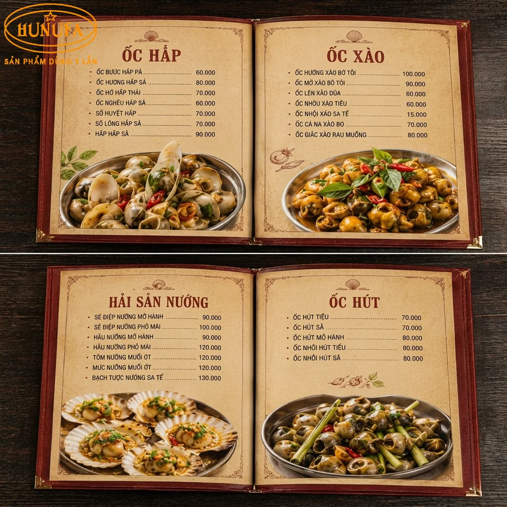 mẫu menu quán ốc vỉa hè đẹp, thu hút khách
