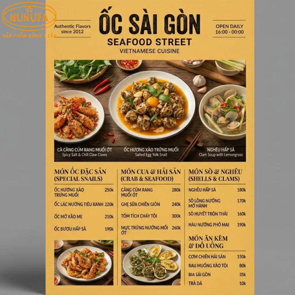 mẫu menu quán ốc vỉa hè đẹp, thu hút khách
