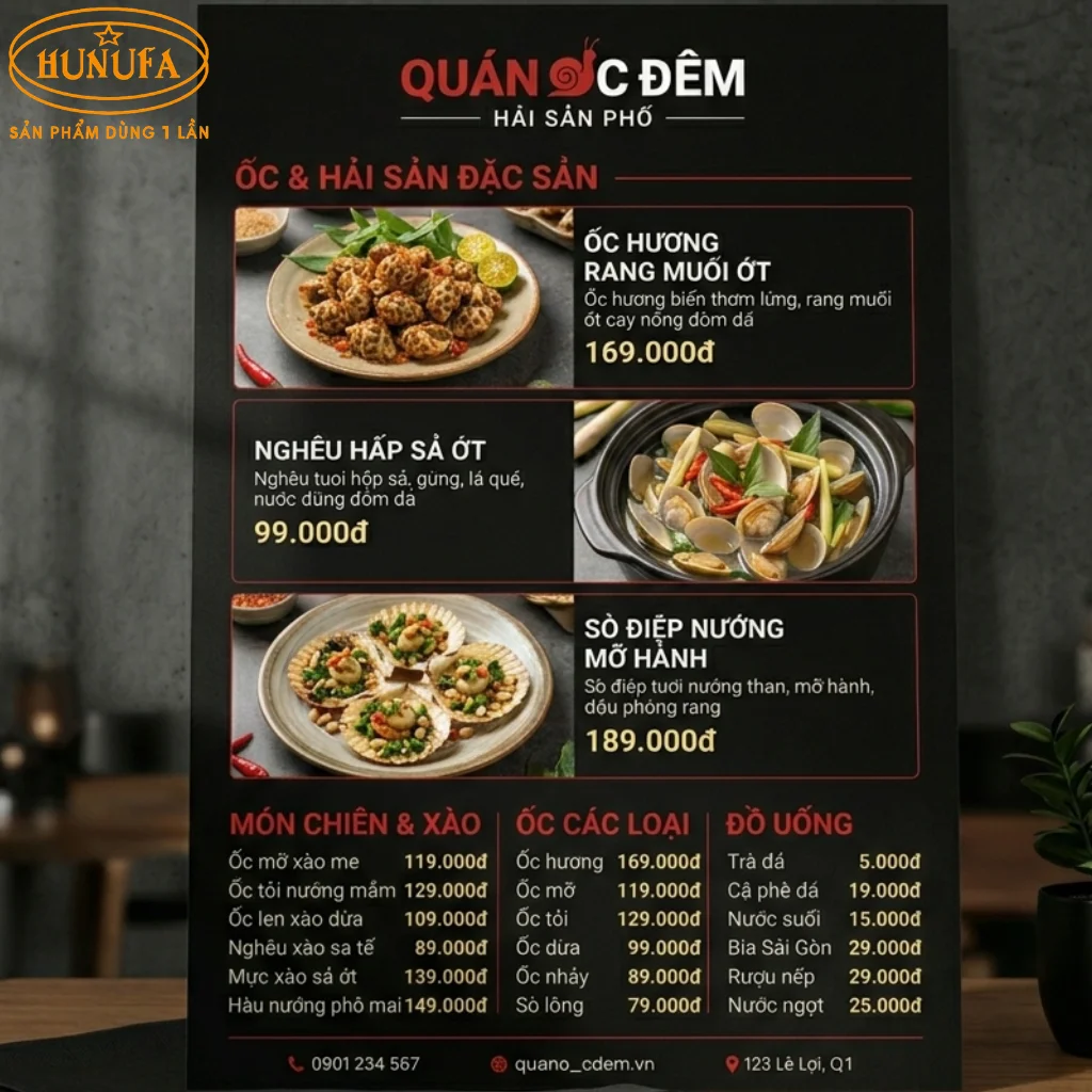 mẫu menu quán ốc vỉa hè đẹp, thu hút khách