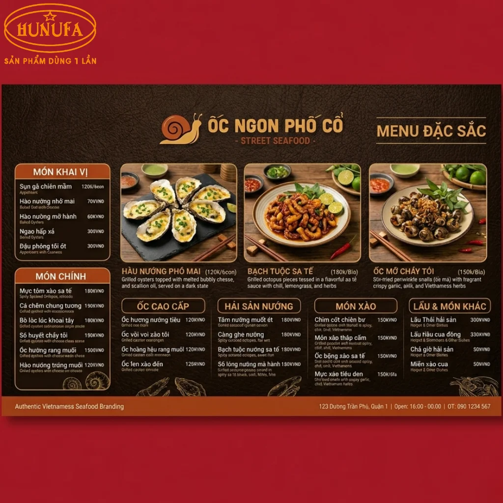 mẫu menu quán ốc vỉa hè đẹp, thu hút khách