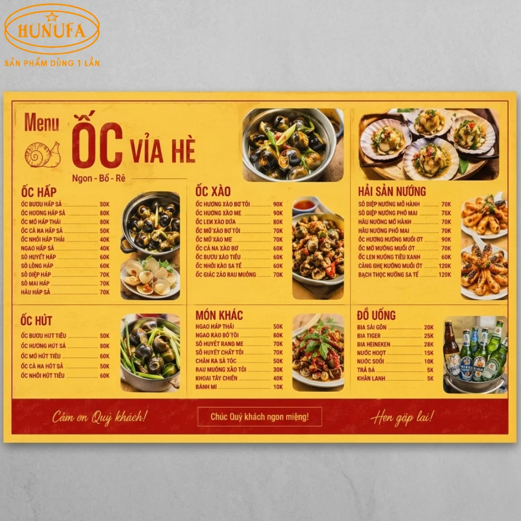 mẫu menu quán ốc vỉa hè đẹp, thu hút khách