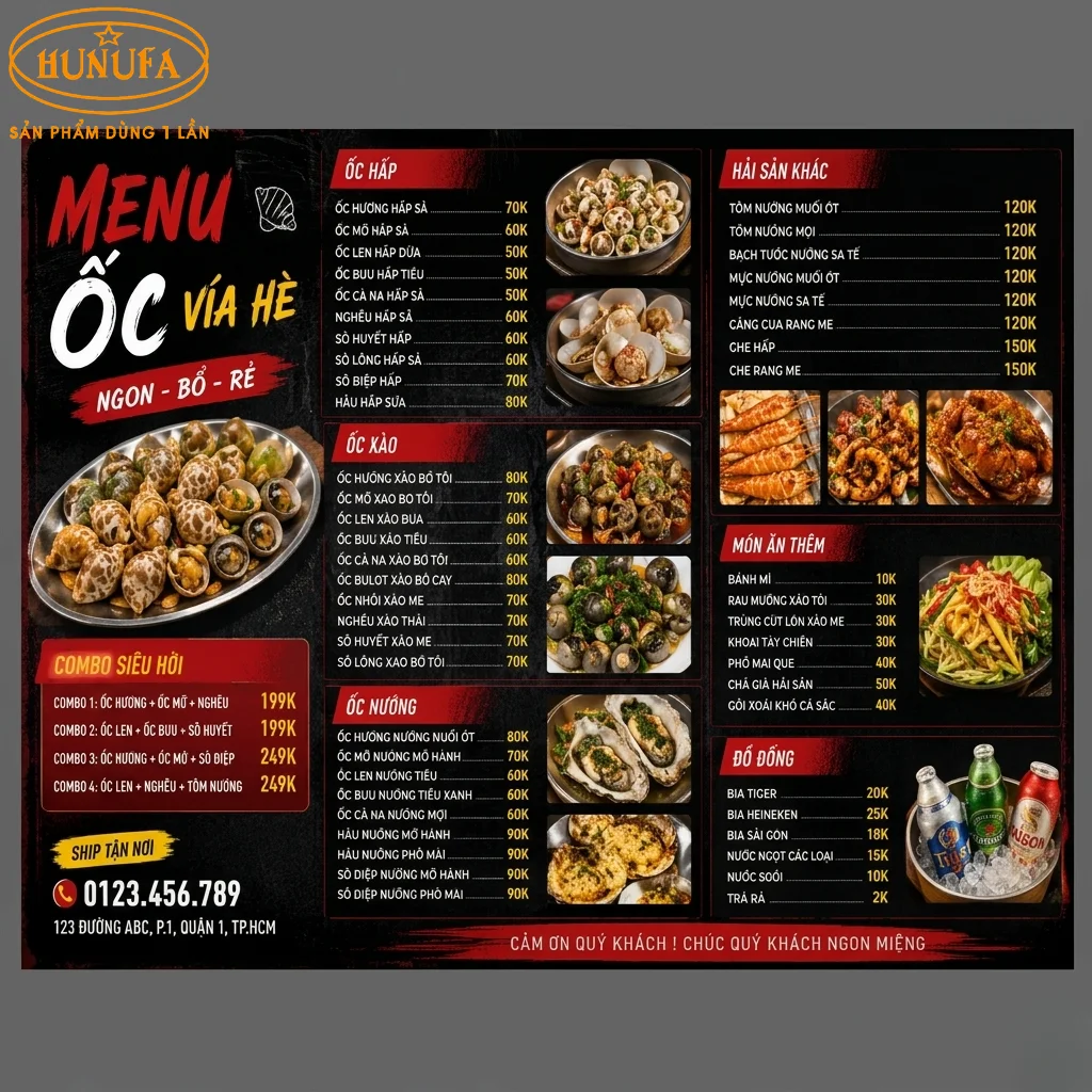 mẫu menu quán ốc vỉa hè đẹp, thu hút khách