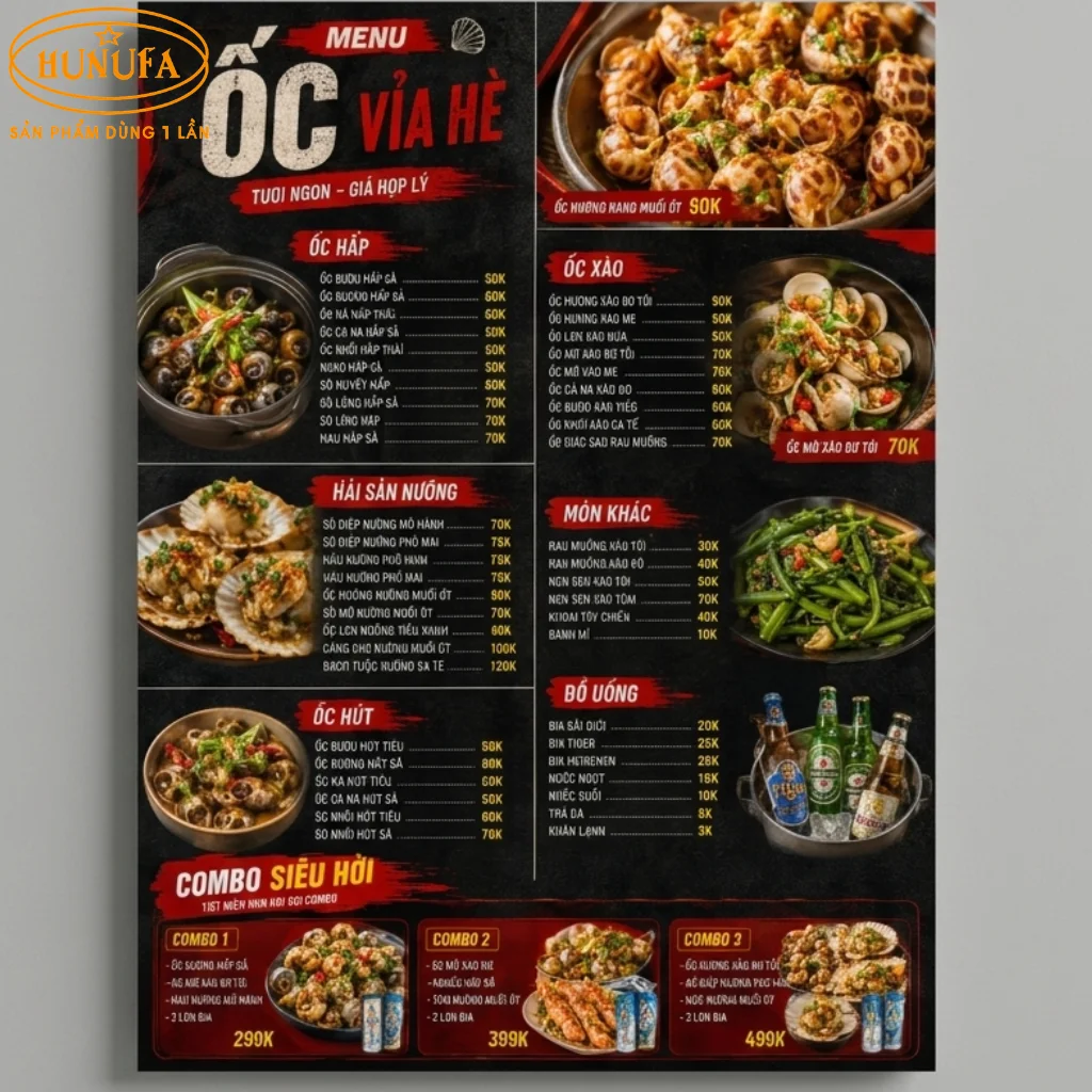 mẫu menu quán ốc vỉa hè đẹp, thu hút khách