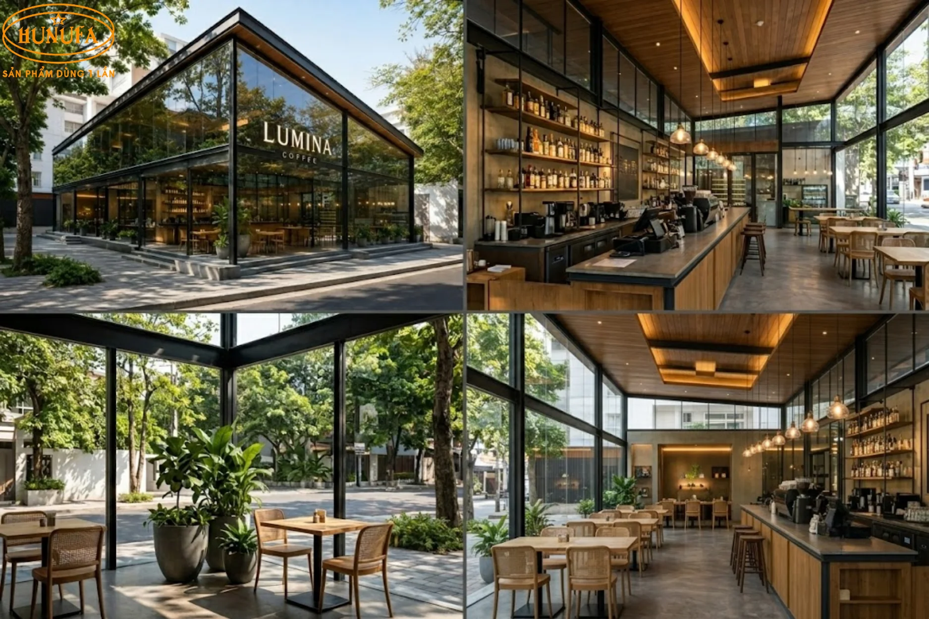 Mẫu trang trí thiết kế quán cafe góc 2 mặt tiền đẹp