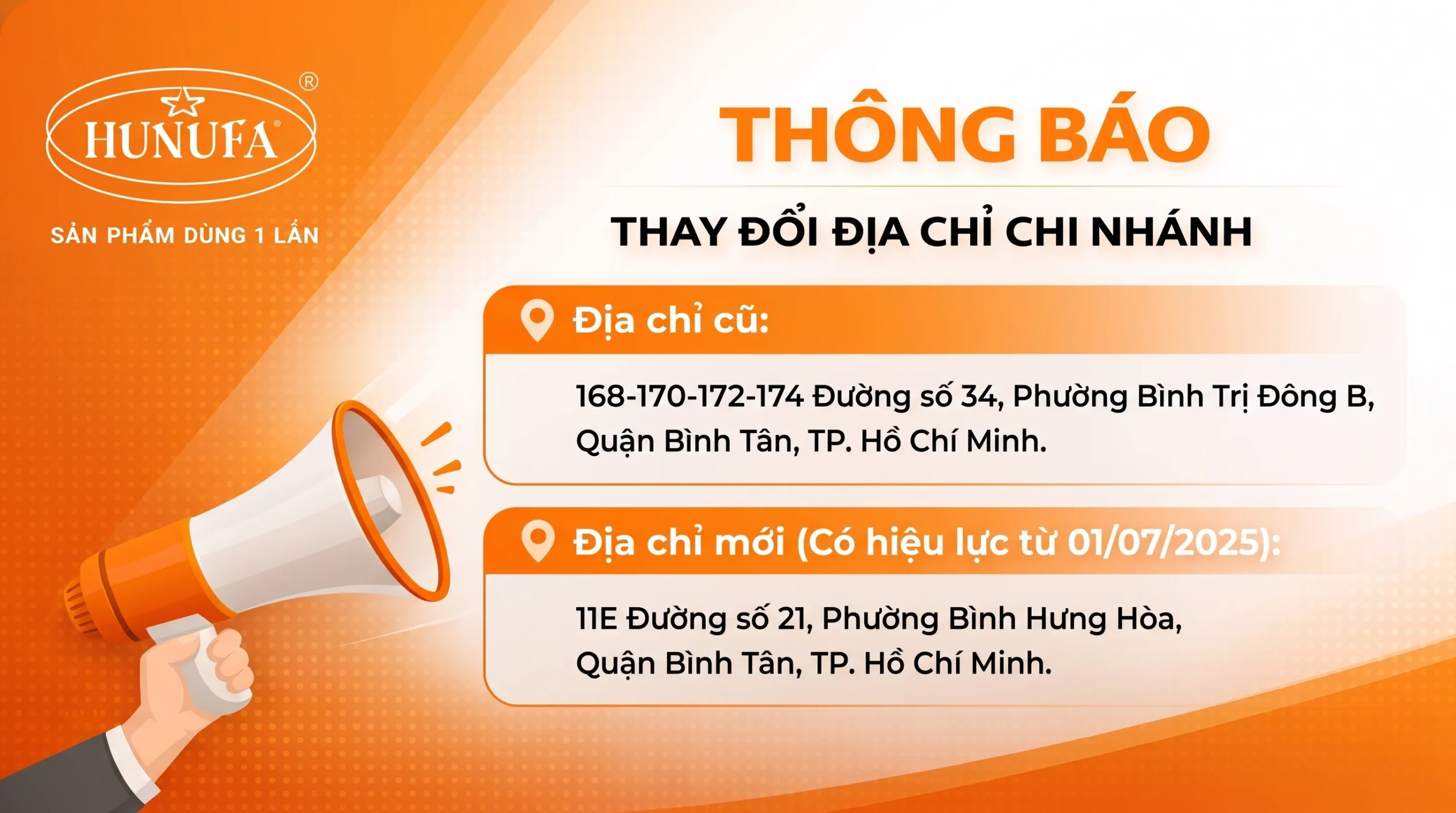 Hunufa thay đổi địa chỉ Chi Nhánh TP.HCM