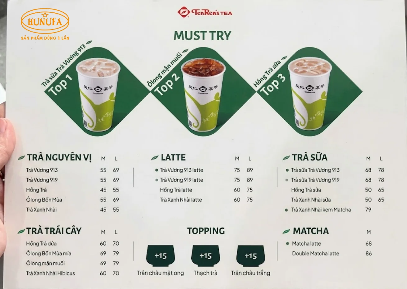 Menu trà sữa Ten Ren