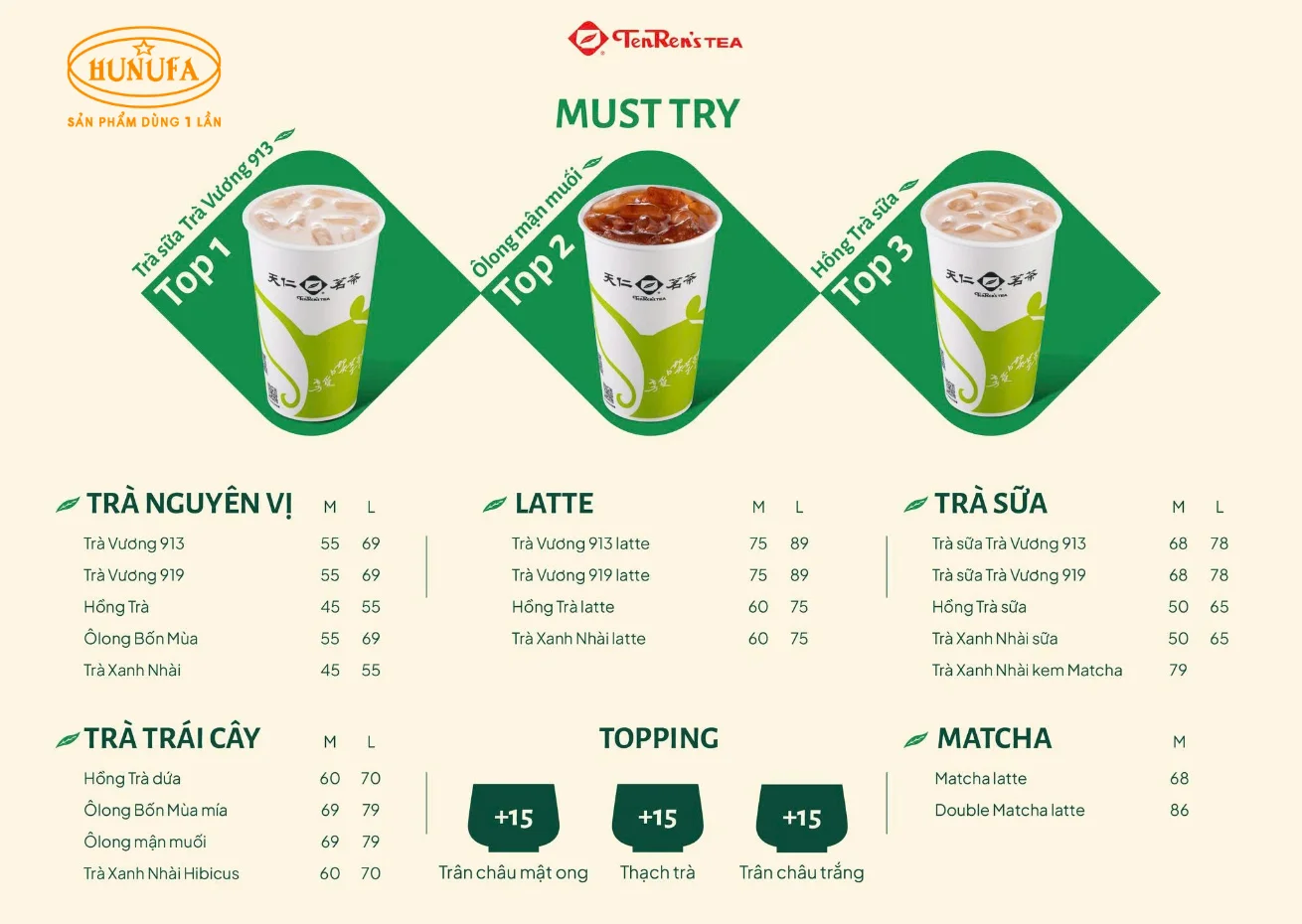 Menu trà sữa Ten Ren 