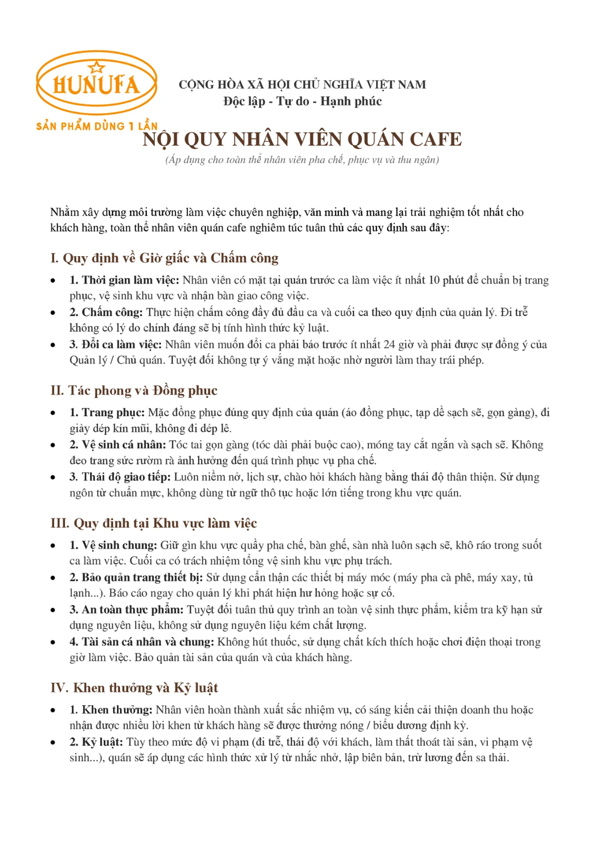 Bảng mẫu nội quy nhân viên cho quán cafe, trà sữa chi tiết A-Z